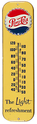 "PEPSI-COLA THE LIGHT REFRESHMENT" LARGE TIN LITHO THERMOMETER.