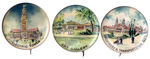 THREE PAN-AMERICAN BUTTONS WITH MC BUILDINGS.