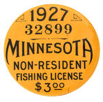 “MINNESOTA 1927 NON-RESIDENT FISHING LICENSE” SERIALLY NUMBERED BUTTON.
