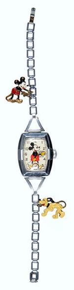 "MICKEY MOUSE INGERSOLL" RARE 1937 DE LUXE WATCH WITH CHARMS AND CHROMIUM BAND.