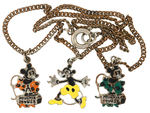 CHILD’S 1932 NECKLACE WITH MICKEY CHARM AND PAIR OF “MINNIE MOUSE” CHARMS.