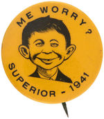 “ME WORRY?” MAD MAGAZINE ANCESTOR RARE 1941 BUTTON.