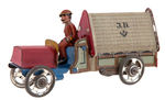 "J.D." TIN LITHO PAINTED TIN COVERED TRUCK PENNY TOY.