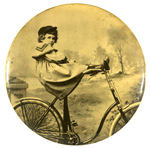 HUGE 6” REAL PHOTO BUTTON OF YOUNG GIRL PERCHED ON BICYCLE SEAT.