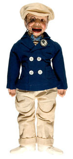 "CHARLIE McCARTHY" BOXED 20" TALL COMPOSITION SPORTSMAN DOLL WITH BUTTON.