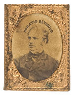 "HORATIO SEYMOUR" 1868 CARDBOARD PHOTO WITH HIS NAME ABOVE IN BRASS SHELL FRAME.