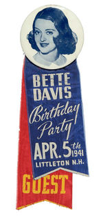 BETTE DAVIS BIRTHDAY PARTY GUEST RIBBON BADGE.