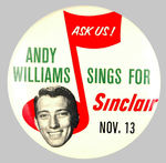 ANDY WILLIAMS 1950s TV 4" BUTTON.