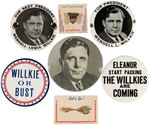 GROUP OF FIVE WILLKIE CELLO BUTTONS AND TWO LAPEL PINS ON ORIGINAL CARDS.