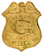 LARGE RARE BADGE INSCRIBED "JUNIOR G MEN OF AMERICA" WITH SERIAL NUMBER.