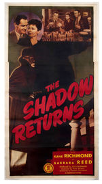 "THE SHADOW RETURNS" LINEN-MOUNTED THREE-SHEET MOVIE SERIAL POSTER.