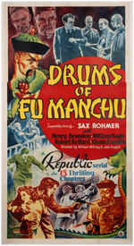 "DRUMS OF FU MANCHU" LINEN-MOUNTED THREE-SHEET MOVIE SERIAL POSTER.