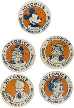 "SUNDAY HERALD AND EXAMINER" FIVE COMIC CHARACTER BUTTONS INCLUDING MICKEY FROM 1930s.