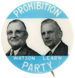 WATSON AND LEARN 1948 PROHIBITION PARTY JUGATE BUTTON.