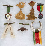 SHRINE COLLECTION OF 15 BUTTONS AND 18 METAL OR METAL ITEMS WITH RIBBONS.