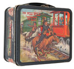 "THE WILD WILD WEST" EMBOSSED METAL LUNCH BOX W/PLASTIC THERMOS.