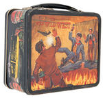 "THE WILD WILD WEST" EMBOSSED METAL LUNCH BOX W/PLASTIC THERMOS.