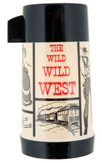 "THE WILD WILD WEST" EMBOSSED METAL LUNCH BOX W/PLASTIC THERMOS.