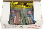 "TOTEM CANDY DISPENSERS" NEAR FULL BOX OF PEZ-LIKE DISPENSERS.