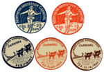 "NORTHERN AROOSTOOK CARNIVAL" FIVE DATED BUTTONS SHOWING SKIER AND DOGSLED.