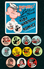 COMPLETE SET OF "KIDS KARTOON KOMICS" BUTTON PLUS VENDING LABEL.