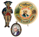 OUTSTANDING GEORGE WASHINGTON TIN FIGURAL LITHO PIN, RARE 1903 BUTTON & PENDANT W/PORCELAIN PORTRAIT