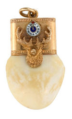 ELKS FRATERNAL WATCH CHAIN CHARMS OF ELKS TEETH IN GOLD MOUNTS.