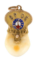 ELKS FRATERNAL WATCH CHAIN CHARMS OF ELKS TEETH IN GOLD MOUNTS.