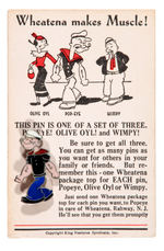 POPEYE, OLIVE OYL, WIMPY ENAMELED METAL PINS ON CARDS/WHEATENA CEREAL PREMIUMS.