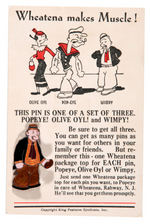 POPEYE, OLIVE OYL, WIMPY ENAMELED METAL PINS ON CARDS/WHEATENA CEREAL PREMIUMS.