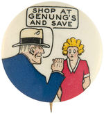 DICK TRACY AND ORPHAN ANNIE RARE CLASSIC AD BUTTON "SHOP AT GENUNG'S..."