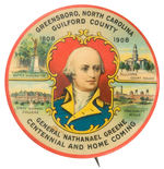 BEAUTIFUL LARGE BUTTON FOR GENERAL GREENE AND GREENSBORO, N.C. FROM HAKE COLLECTION.