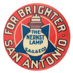 GRAPHIC “FOR BRIGHTER SAN ANTONIO” LAMP CO. BUTTON FROM HAKE COLLECTION.