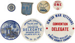 JEWISH GROUP OF SEVEN BADGES PLUS CELLULOID DIME COLLECTION BANK.