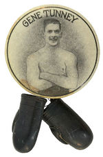 "GENE TUNNEY" RARE PORTRAIT BUTTON WITH SUSPENDED METAL BOXING GLOVES.