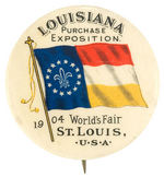 "LOUISIANA PURCHASE EXPOSITION" CLASSIC BUTTON DISPLAYING EXPO FLAG.