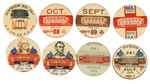 EIGHT EARLY STREET CAR UNION DUES BUTTONS INCLUDING WASHINGTON & LINCOLN.