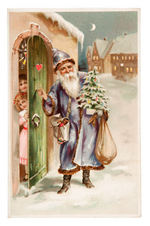 SANTA CLAUS KNOCKING ON DOOR HOLD TO LIGHT POSTCARD.