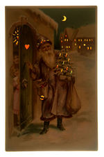 SANTA CLAUS KNOCKING ON DOOR HOLD TO LIGHT POSTCARD.