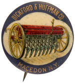 COLORFUL FARM EQUIPMENT BUTTON SHOWING A DRILL USED IN HAKE BOOK.