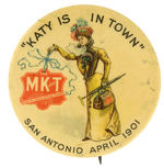 LARGE AND RARE 1901 RAILROAD BUTTON FOR TEXAS EVENT FROM HAKE COLLECTION.