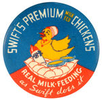 “SWIFT’S PREMIUM MILK FED CHICKENS” CARTOON BUTTON FROM HAKE COLLECTION & CPB.