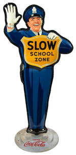 “DRINK COCA-COLA/SLOW SCHOOL ZONE” LARGE TWO-SIDED TIN LITHO POLICEMAN CROSSING GUARD SIGN W/BASE.