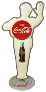 “DRINK COCA-COLA/SLOW SCHOOL ZONE” LARGE TWO-SIDED TIN LITHO POLICEMAN CROSSING GUARD SIGN W/BASE.