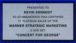 "CONCERT FOR GEORGE" (HARRISON) ELABORATE SEVEN TIMES PLATINUM DVD PRESENTATION PIECE.