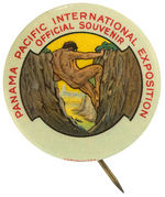 PANAMA PACIFIC RARE BUTTON WITH MYTHOLOGICAL NAKED MAN SHOVING APART ROCKY CLIFFS TO CREATE CANAL.