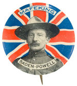 "BADEN-POWELL" RARE PORTRAIT BUTTON REFERENCING SECOND BOER WAR SEIGE OF MAFEKING.