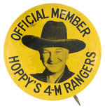 “OFFICIAL MEMBER HOPPY’S 4-M RANGERS” RARE CLUB BUTTON FROM HAKE COLLECTION AND CPB.