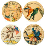 SPANISH AMERICAN WAR FOUR CLASSIC CHOICE COLOR CARTOON BUTTONS.