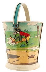 EXTREMELY RARE DISNEY CHARACTER EMBOSSED TIN SAND PAIL.